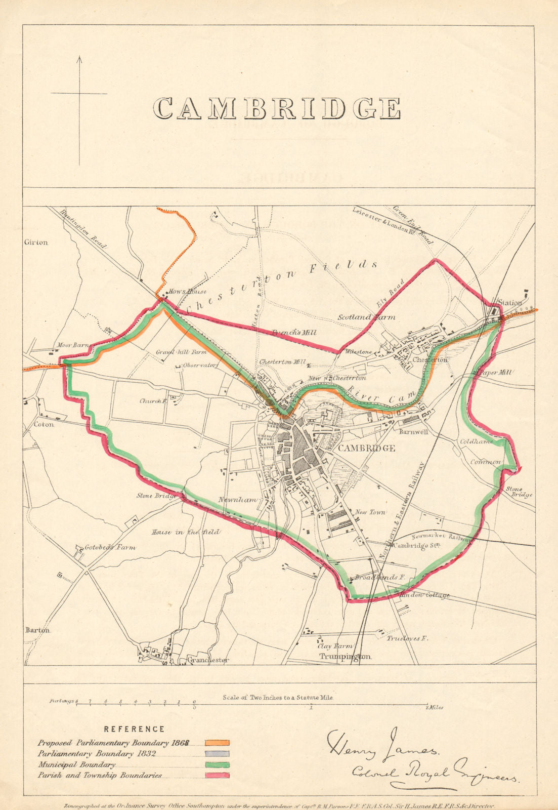 Cambridge. JAMES. PARLIAMENTARY BOUNDARY COMMISSION 1868 old antique map chart